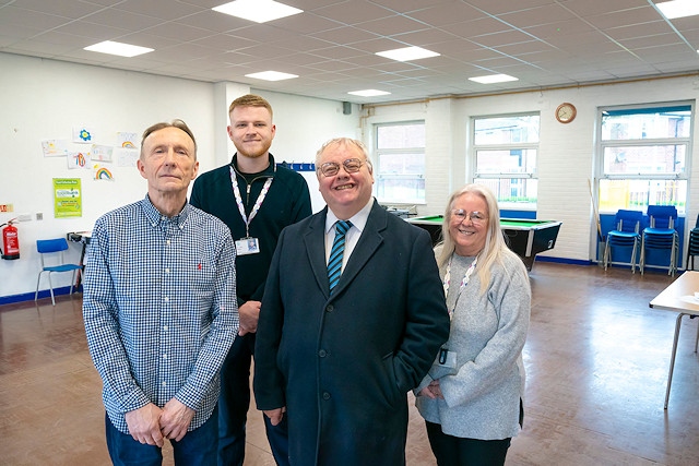 Pictured at the refurbished Jumbo Community Centre, l-r, Councillor Terry Smith; Councillor Dylan Williams; Councillor Neil Emmott, leader of the council; Councillor Sue Smith